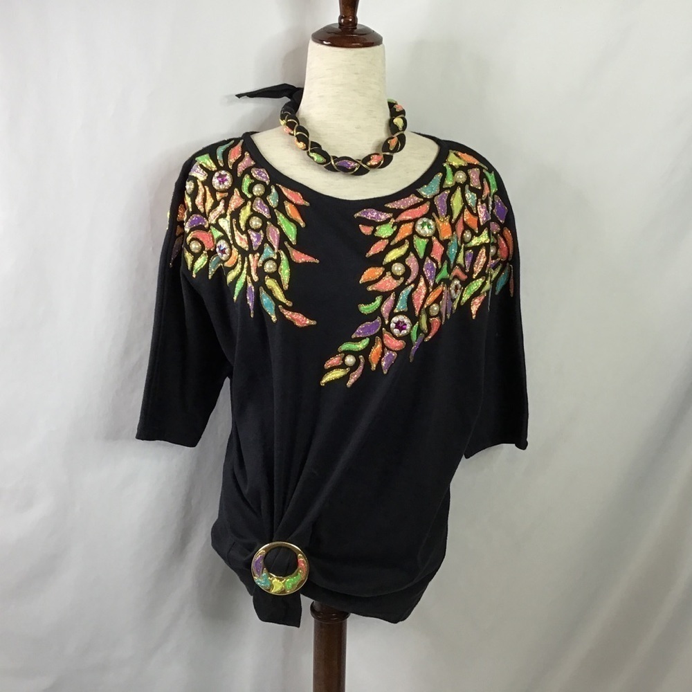 VINTAGE 80’s Outfit Set Shirt Headband Round Clip Puffy Paint Multi Black M